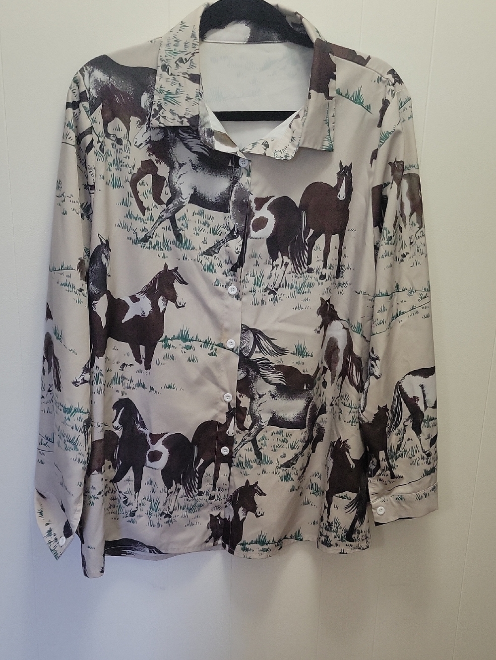 Horse Print Button-Up Shirt in Beige and Brown